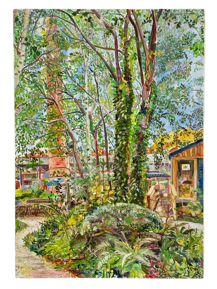 An impressionistic oil painting of a lush garden scene with tall trees, dense greenery, a winding path, and a small wooden structure, displayed on a white wall.